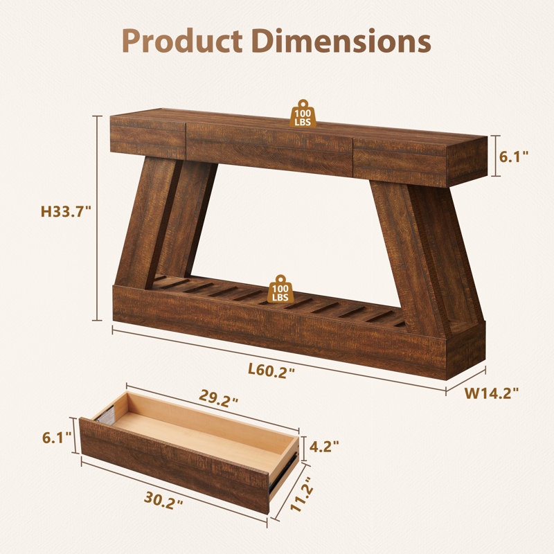 60" Farmhouse Entryway Table With Drawer, Wooden Hallway Foyer Table With Heavy Duty Base, Sofa Table For Living Room