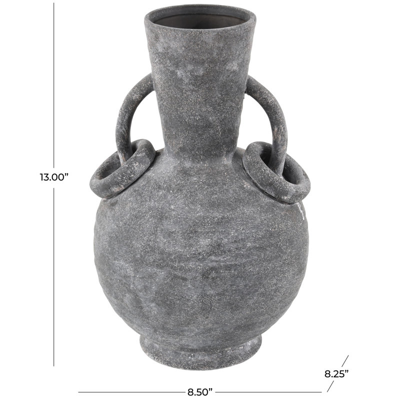 Ceramic Textured Decorative Vase with Ring Handles, Gray