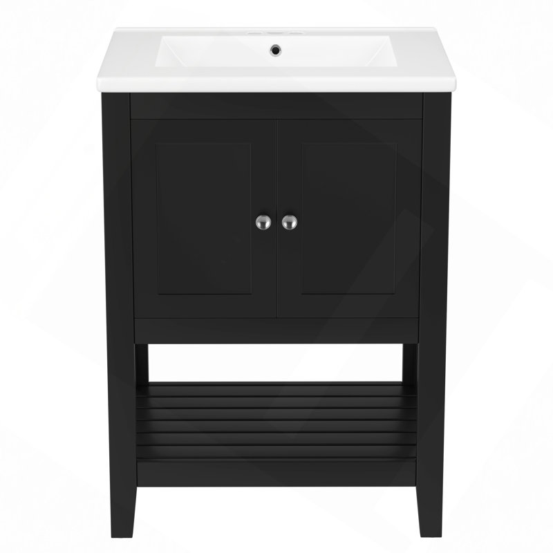 Lavabo de salle de bain moderne élégant en céramique 24 po avec tablette ouverte en bois massif, Noir