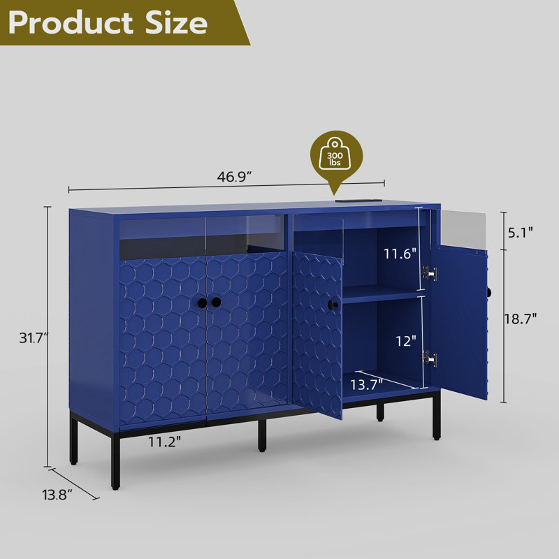 Sideboard Buffet Cabinet With LED And Charging Station, Navy Blue