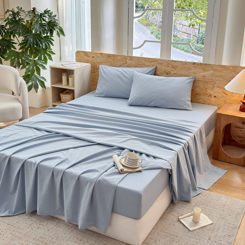 Ensemble de literie 100% coton lavé 4 pièces, 1 drap-housse, 1 drap plat et 2 taies d'oreiller, ensemble de draps texturés confortables