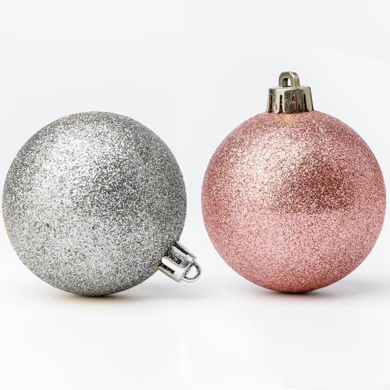Rose Gold and Silver Shatterproof Christmas Ornament Set with Metal Hooks