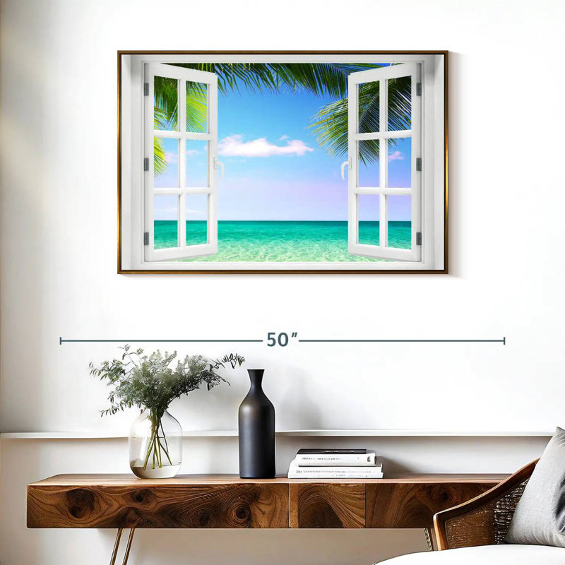 Fenêtre sur la plage turquoise, Cadre flottant doré, 37 po x 25 po