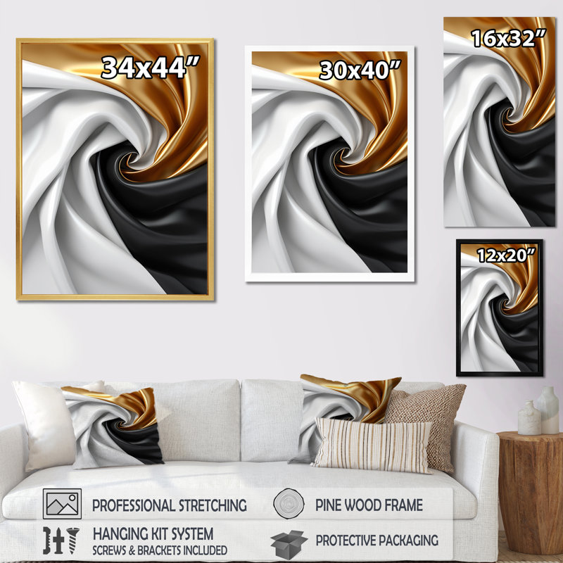 Liquide, spirale abstraite, or, noir et blanc - formes abstraites sur toile, H 32 po x l 24 po x P 1 po, Toile tendue