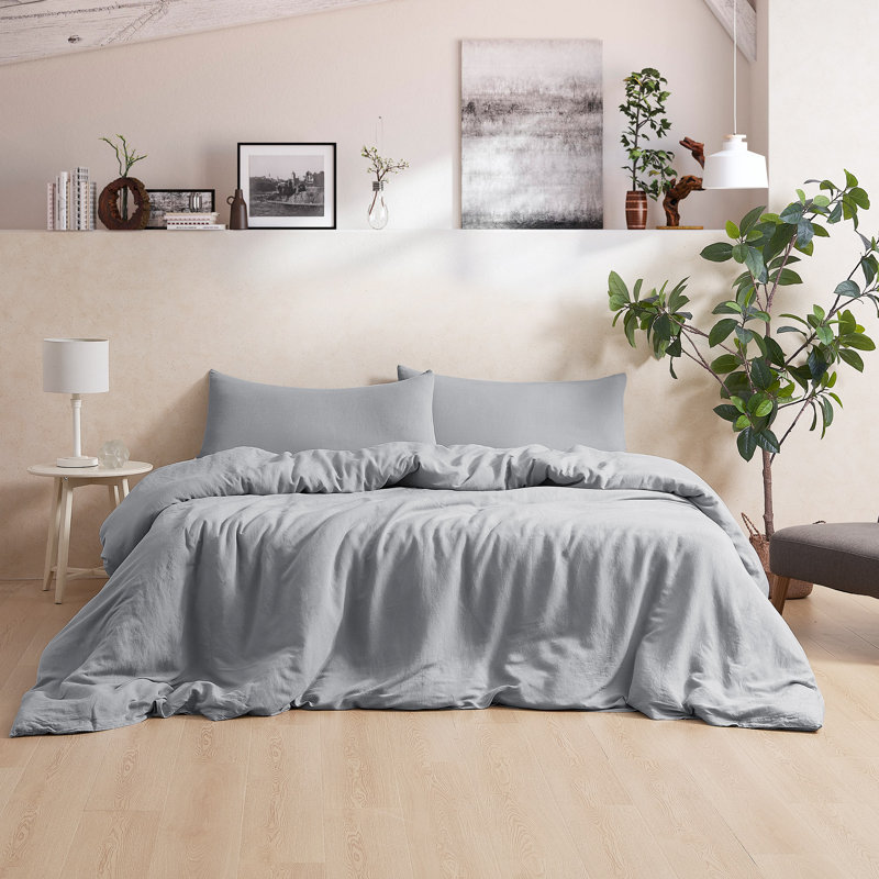 Belgian Flax Linen and Viscose Luxury Oversized Duvet Cover, King Duvet Cover, Gray