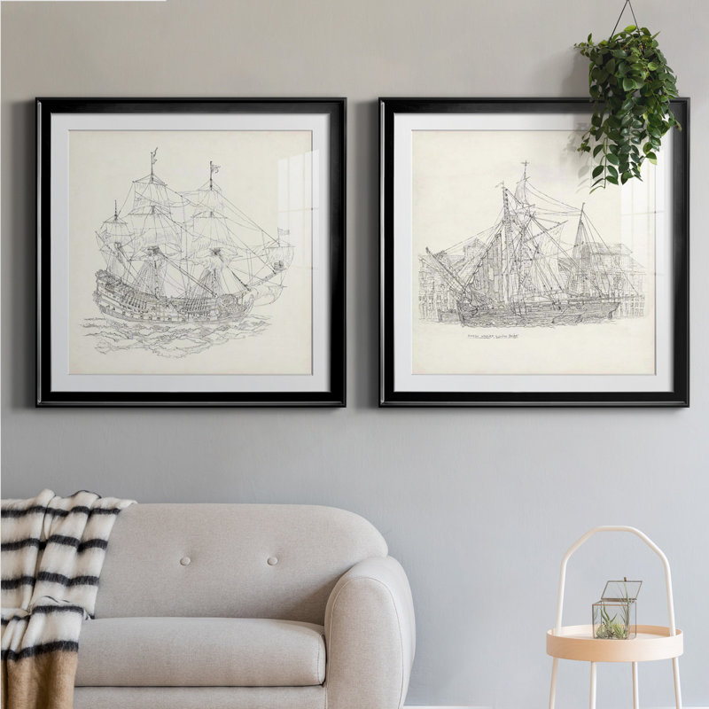 Esquisse de bateau antique ix Esquisse de bateau antique ix - ensemble de 2 reproductions de dessins encadrés, Blanc