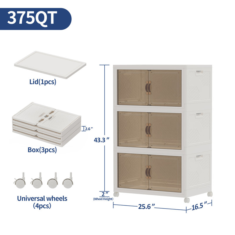 Très grands bacs de rangement en plastique pliables de 26 po de largeur et de 321 pte avec couvercles et portes avant, armoire de rangement à 3 niveaux à roulettes - Blanc