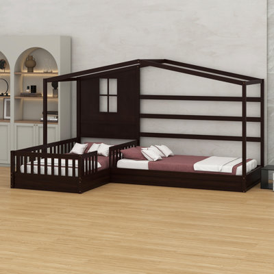 Wood House Bed , 2 Solid Bed L Structure With Fence And Slatted Frame