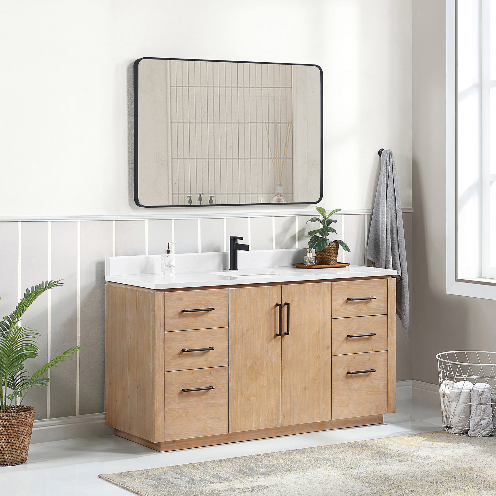 Cloverfield 60'' Single Bathroom Vanity, Fir Wood Brown, Matte Black