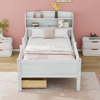Lit plateforme simple en bois 2 tiroirs avec tablettes et DEL