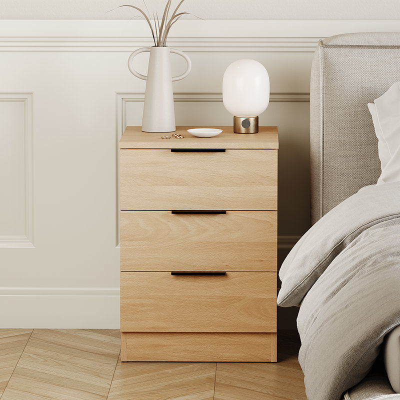 Tanishi 3 Drawer Bedside Chest Modern Bedroom Nightstand, Pine
