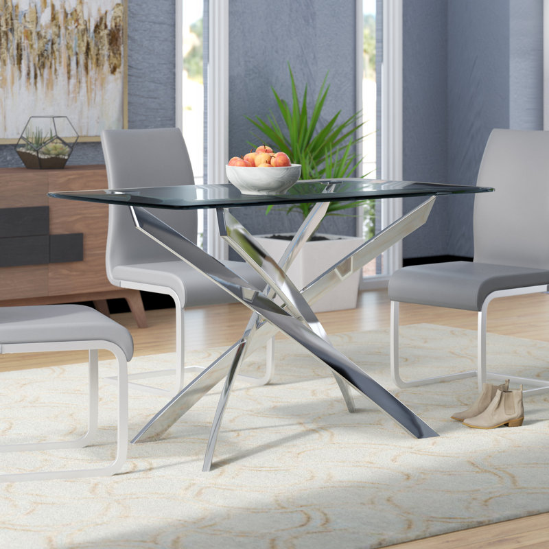 Glass Top Metal Base Dining Table, 30.1" W x 51" L, Silver