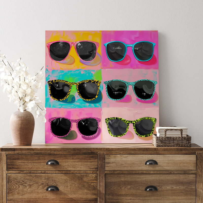 Lunettes de soleil élégantes sur fond rouge et rose, H 12 po x l 12 po, Toile tendue