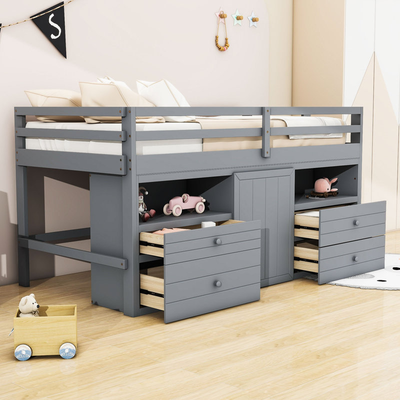 Janziel Twin 4 Drawer Platform Loft Bed with Shelves by Harriet Bee, Gray