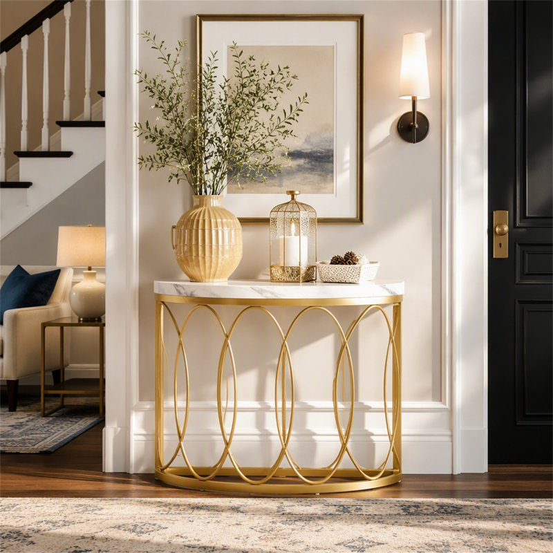 Console en faux marbre, table d'entrée en demi-lune de 109 cm