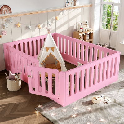 Lit simple au sol avec clôture haute, lit Montessori en bois massif avec porte, profil bas, aucun sommier requis, naturel