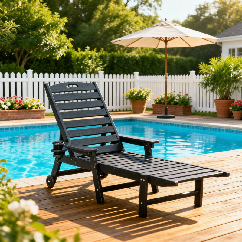HDPE Chaise Lounge Chair Outdoor, Pool Lounge Chairs with 4-Position Adjustable Backrest, Supports Up to 360 LBS for Patio Poolside Deck Beach Backyard (black)
