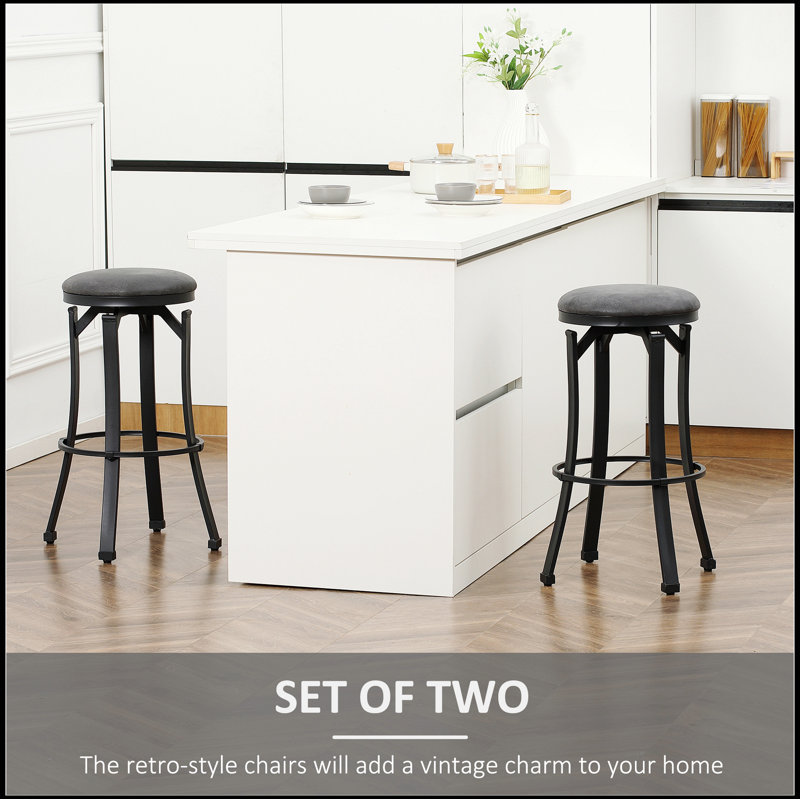 Bar Stools Set of 2, Vintage Barstools with Footrest and Microfiber Cloth,  29 Inch Bar Height Stool, Grey
