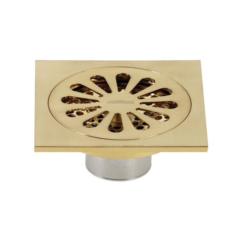 Kingston Brass Watercourse 4-Inch Square Grid Shower Drain with Hair Catcher, Brushed Brass