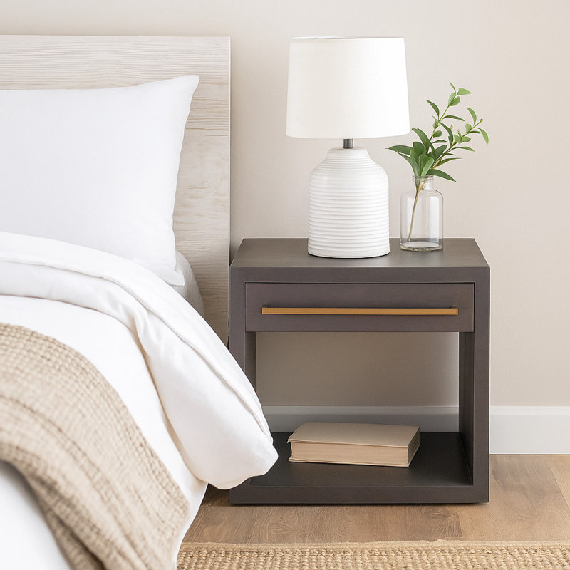 Ceny Side End Table, 1 Drawer, 26 Inch Solid Mango Wood, Gold/Gray Oak