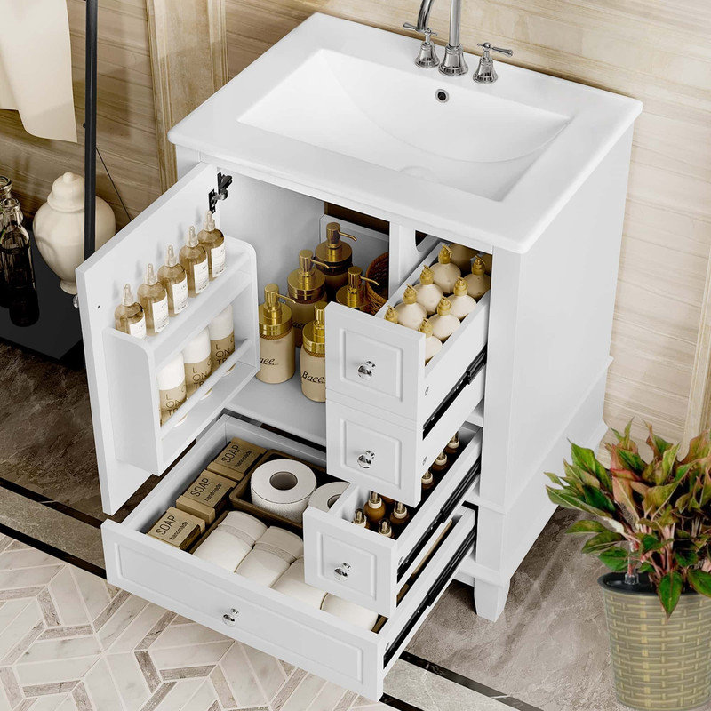 24" Bathroom Vanity with Sink and Drawers, Freestanding Vanity Cabinet with Ceramic Top and Storage Shelves, MDF and Solid Wood Base, Modern Sink Cabinet for Small Bathrooms