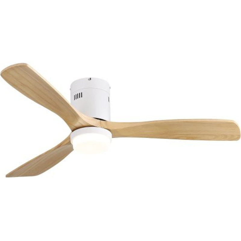 52 Inch Flush Mount Ceiling Fan with LED Light and Remote Control, White, Natural Wood