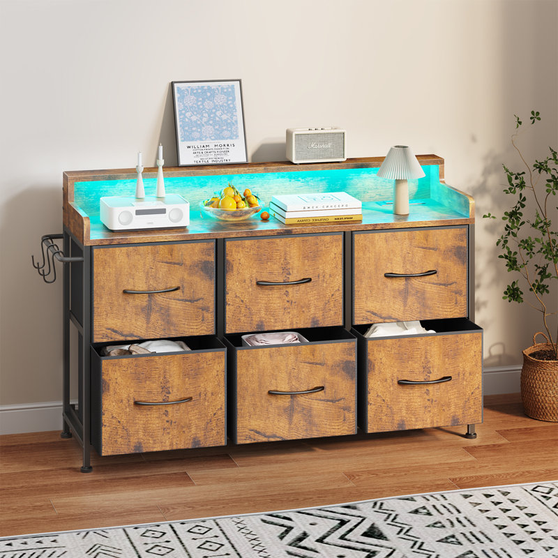 6 Drawer Bedroom Dresser With Charging Station, Rustic Brown