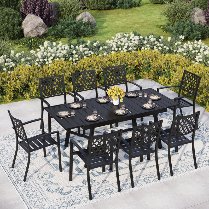 Alyah 8 - Person Stainless Steel Patio Dining Set Extendable Rectangular Table