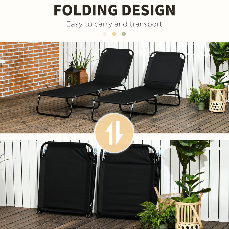 2 chaises de bronzage pliantes pour la cour, inclinable à 5 niveaux, chaise longue de plage à cadre en acier, patio, chaises longues noires, réglables
