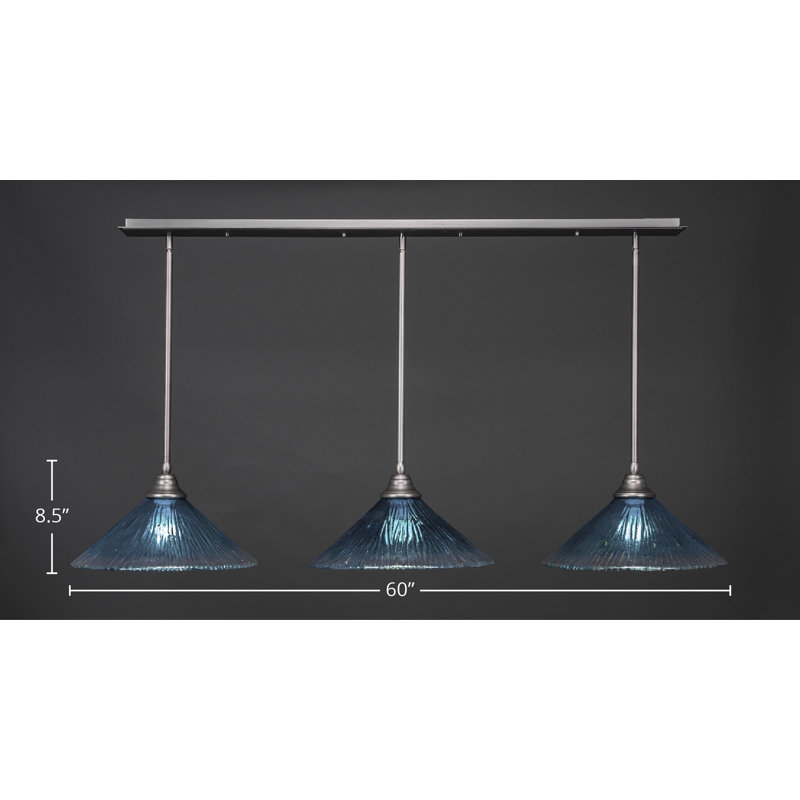 Luminaire suspendu linéaire sur pied 3 lumières avec verre en cristal 16 po, Nickel brossé, Sarcelle