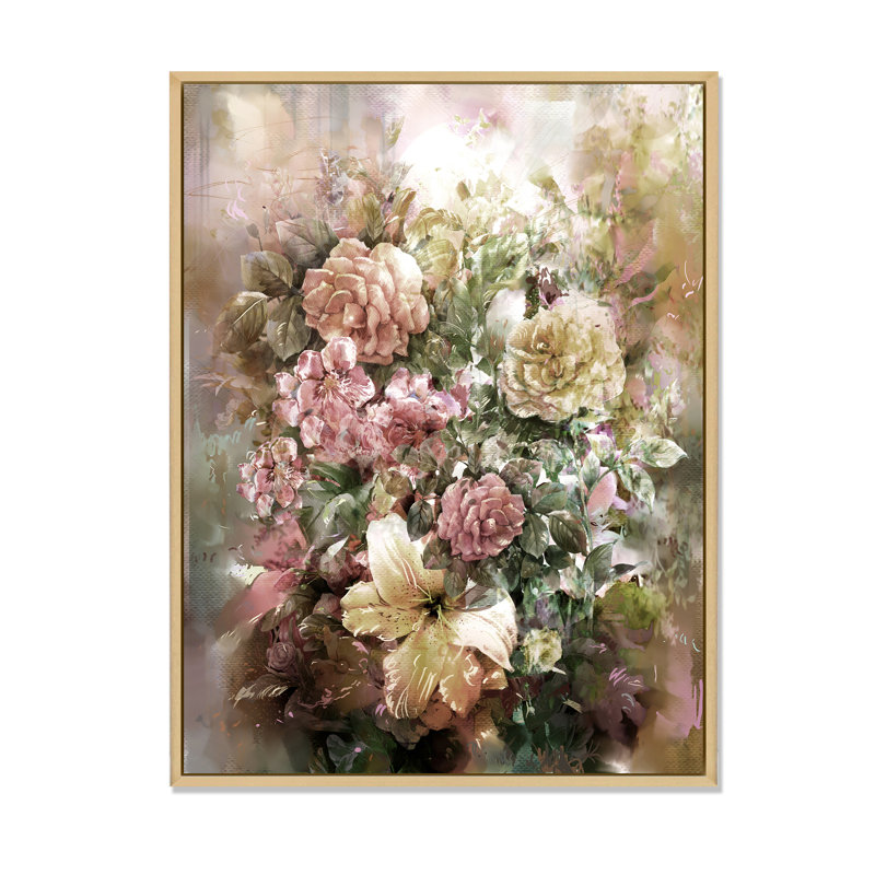 «Grunge rose vert été fleurs II», reproduction d'art sur toile traditionnelle, H 12 po x l 8 po