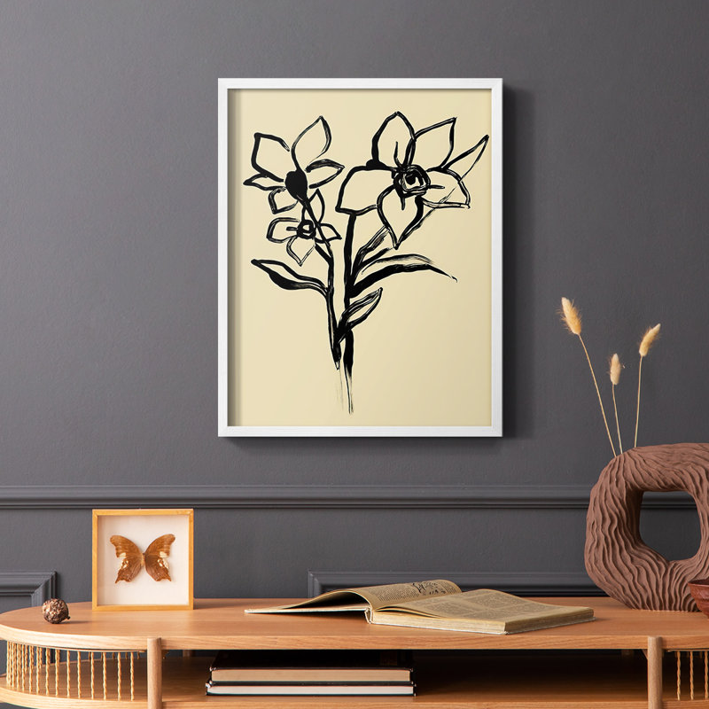 Encre florale I, impression encadrée - bois massif, H 14 po x l 11 po, Blanc