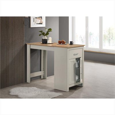 Table de salle à manger à hauteur de comptoir peu encombrante avec rangement, 4 places, bois massif et manufacturé, gris classique et bois jaune clair, 47 W