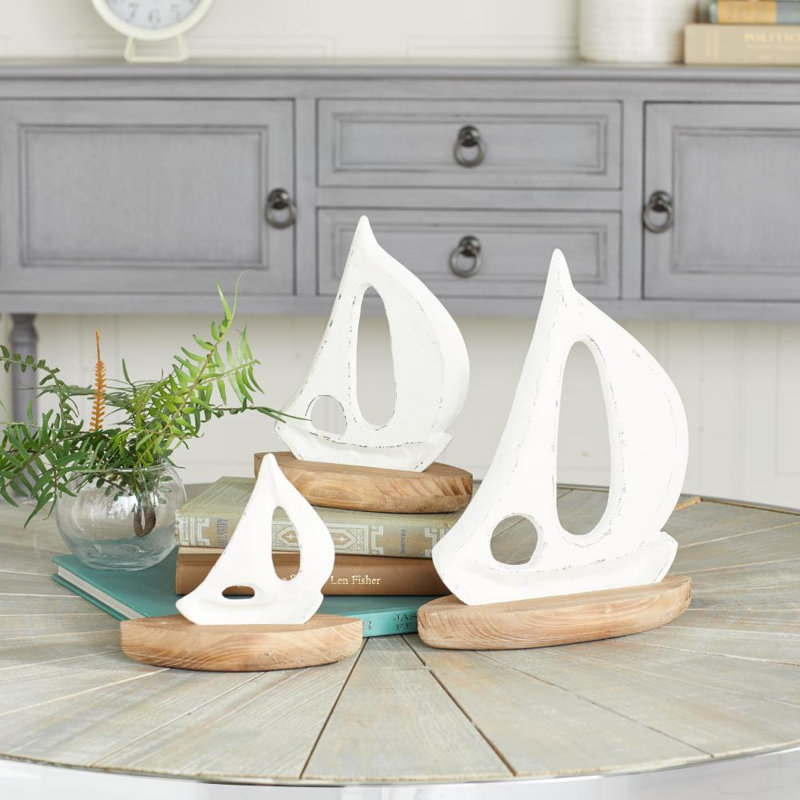 Phil 3-Piece Wood Sailboat Sculpture Set, White/Brown