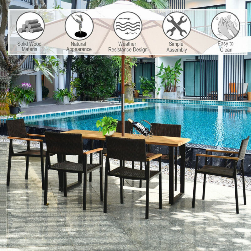 Acacia Wood and Black Metal 6-Person Outdoor Dining Set with Rattan Chairs