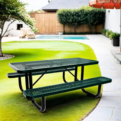 6 pi Table de pique-nique rectangulaire d'extérieur avec structure en acier solide et mât de parasol, pour une utilisation à long terme, largeur spacieuse de 61,25 pouces, métal facile à nettoyer, s'adapte à divers espaces et structure