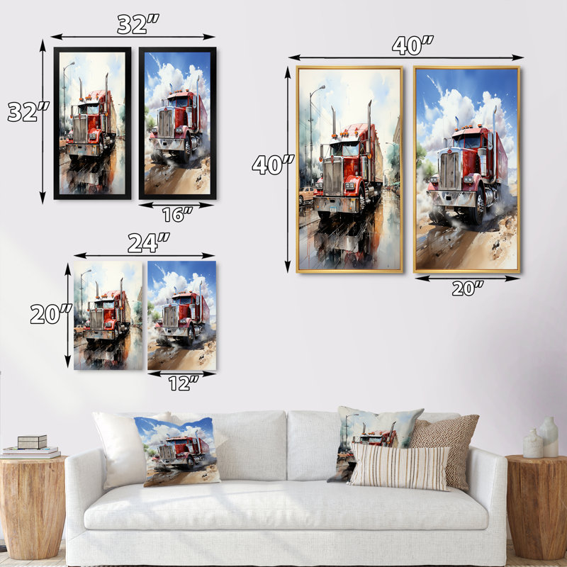 «Red Semi Truck Pride», 2 pièces, H 40 po x l 40 po, Toile tendue