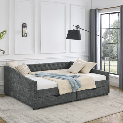Queen Size Daybed With Drawers Upholstered Tufted Sofa Bed, With Button On Back And Copper Nail On Waved Shape Arms, Grey (84.5"X63.5"X26.5")