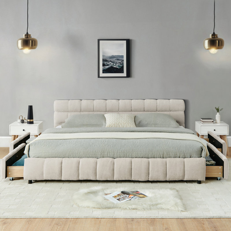 California King Size Upholstered Bed, Beige