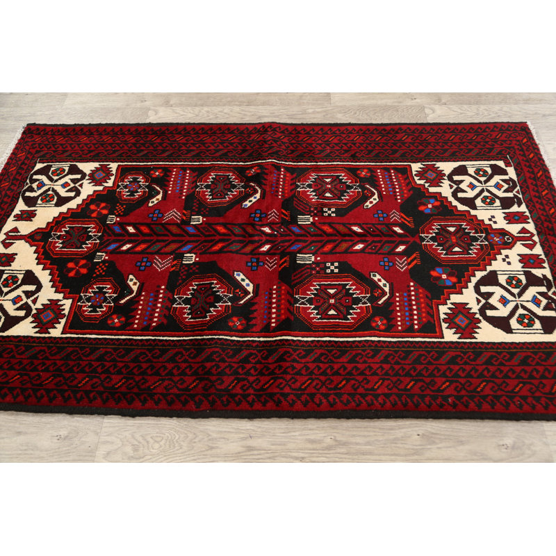 Tapis rouge en laine noué à la main de conception unique 3 pi 5 po x 5 pi 11 po Schatz
