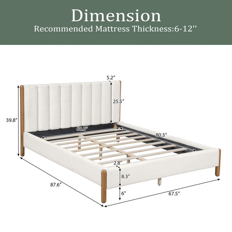 Bed Frame With Boucle Upholstered Thick Headboard, Queen