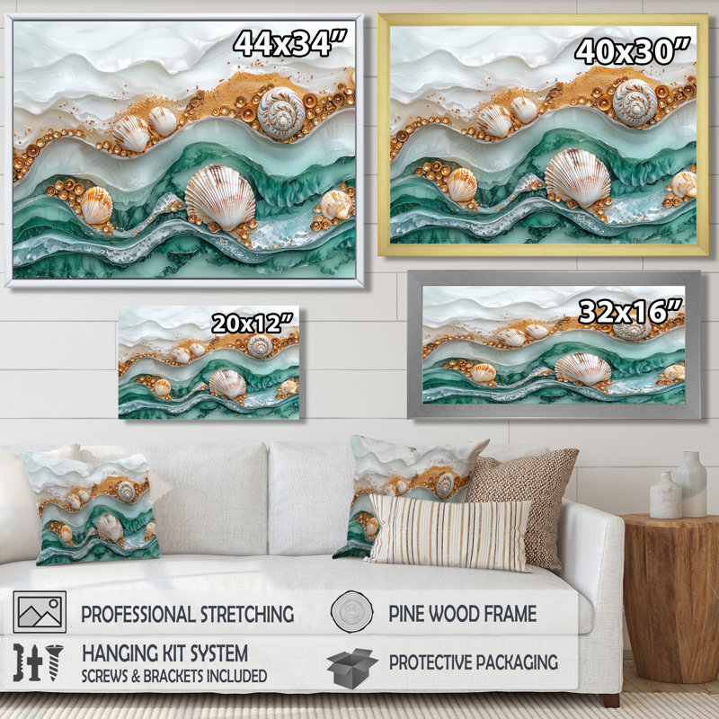 Coquillage et paysage de plage marbré II - art mural bord de mer, H 12 po x l 20 po, Cadre flottant, Blanc