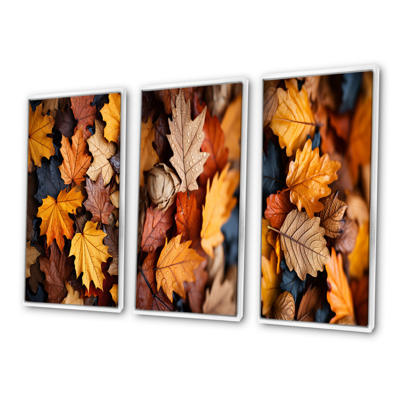 «Yellow and Orange Autumn Mapple Leaves I» - ensemble d'art mural sur toile 3 feuilles, Cadre flottant noir