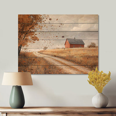 Windy Prairie Leaves Path To The Farm I - Art mural en bois de feuilles - sur bois de pin naturel