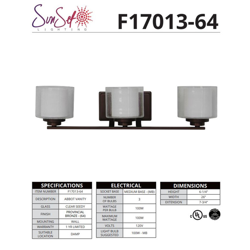 Éclairage pour meuble-lavabo 3 lumières, Bronze provincial