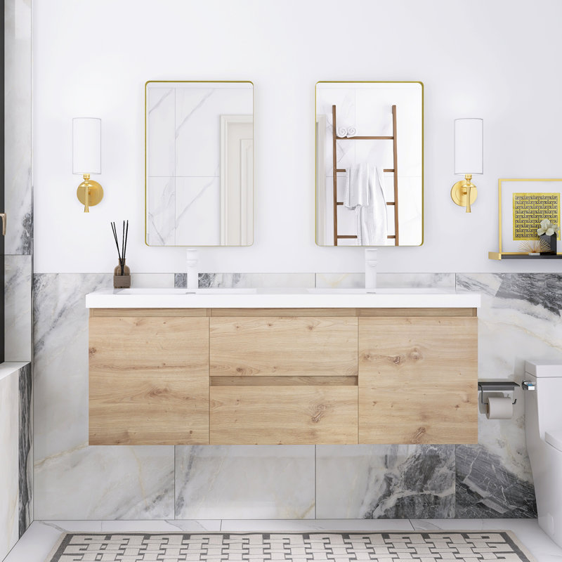 Cafar 58.5 " W Wall Mounted Wall Mounted 2 Double Vanity Bathroom Vanity With Resin Top, Natural