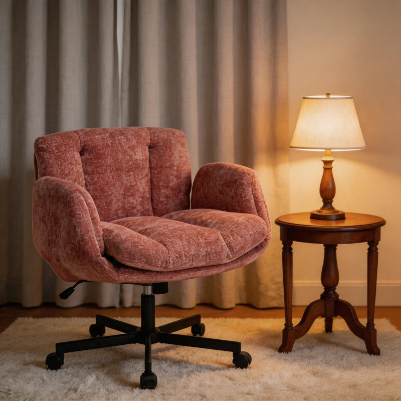 Chaise de bureau pivotante en chenille Blush rose, chaise de travail à hauteur réglable avec accoudoirs convertibles rabattables, chaise de bureau à double coussin pour le salon de la salle de bain