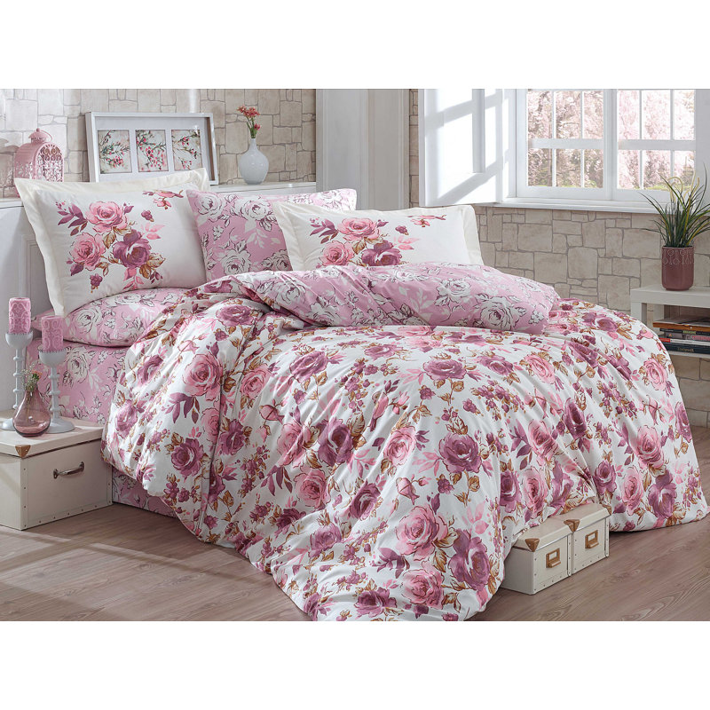 Ensemble de housse de couette 100% coton Palou lilas / blanc, Housse de couette double TG + 3 pièces supplémen