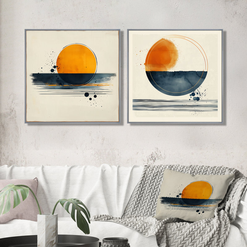 Abstrait bleu et orange Sunrise Life I - formes murales abstraites - art mural moderne 2 pièces, H 36 po x l 73 po