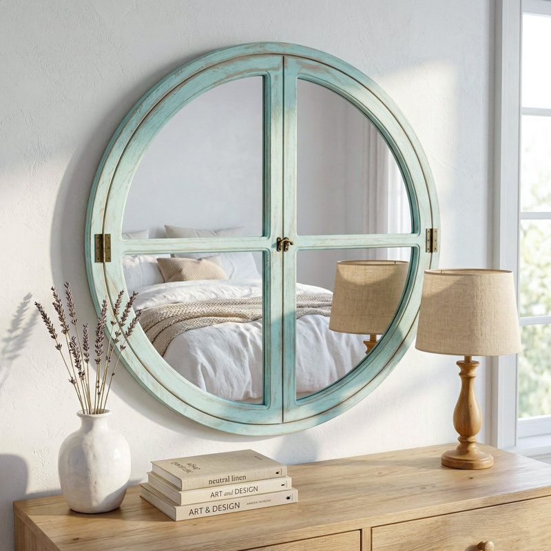 30'' Round Distressed Aqua Windowpane Wall Mirror, Antique Aqua